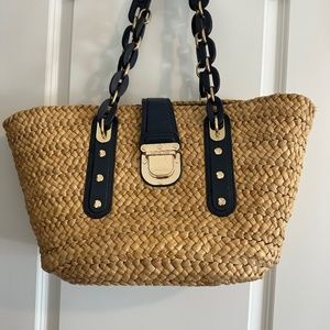 Michael Kors Santorini Corn Husk Basket Navy Blue Tote Gold Accent Bag